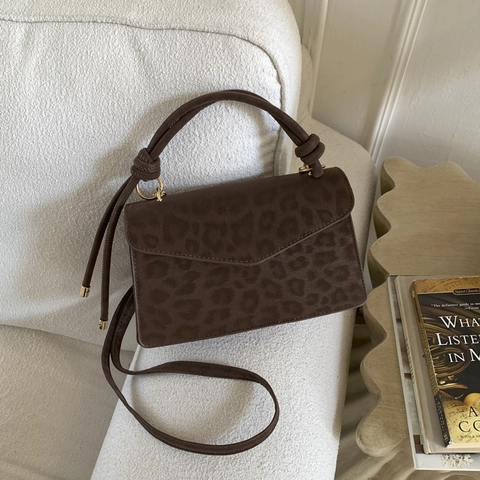 Vintage Leopardenmuster Kleine Quadratische Tasche Für Damen Wildlederimitat PU Leder Knoten Griff Umhängetasche Mode