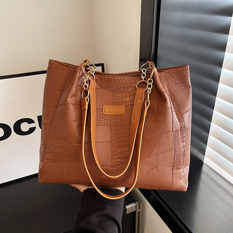 Women Vintage Large Capacity Tote Bag PU Leather Croco Textured Patchwork Shoulder Bag With Metal Chain Commuter Office