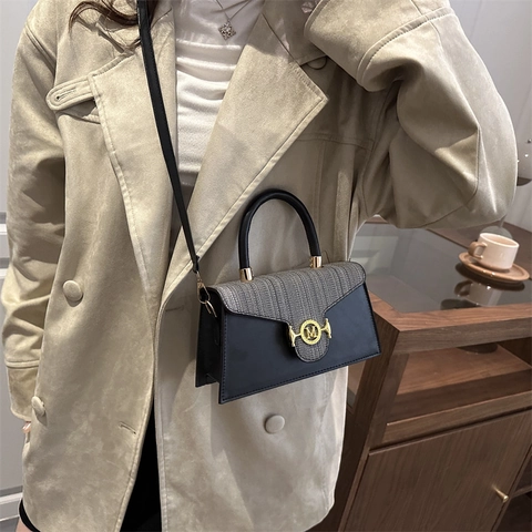 Women Tweed PU Leather Shoulder Bag Refined Small Square Handbag With Metal M Buckle Versatile Crossbody Daily Purse