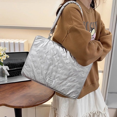 Women Bow Quilted Tote Bag Large Capacity Laptop Sleeve Handbag Faux Leather Shoulder Bag For Student Office Daily Wear
