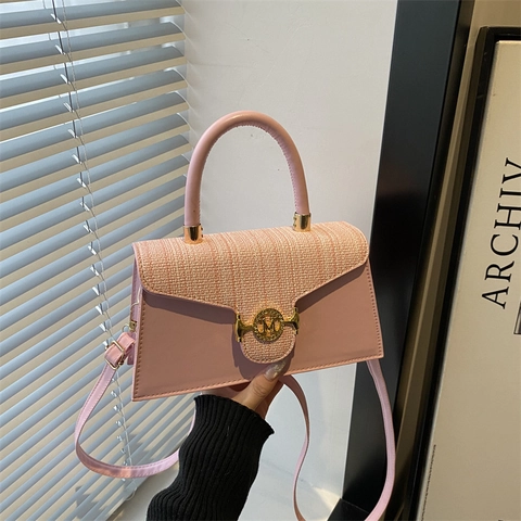 Women Tweed PU Leather Shoulder Bag Refined Small Square Handbag With Metal M Buckle Versatile Crossbody Daily Purse