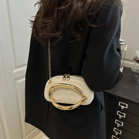Borsa Da Sera Da Donna In Camoscio Con Manico In Metallo C Catena Dorata Spalla Tracolla Retro Elegante Pochette