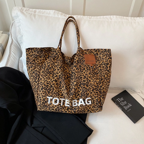Sac Fourre-tout En Toile Imprimé Léopard Grande Capacité Imprimé Lettres Sac À Main À Bandoulière Pour Femmes Quotidien