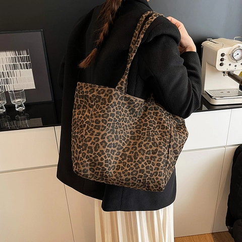 Bolso Tote Reversible Con Estampado De Leopardo Tela Gran Capacidad Diario Casual Simple Retro Bolso De Hombro Para Mujeres