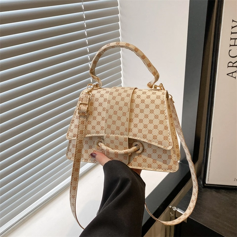 Sac à Épaule Vintage pour Femmes Imprimé Lettres Monogramme Grande Capacité Sac à Main Carré en Cuir PU Mode