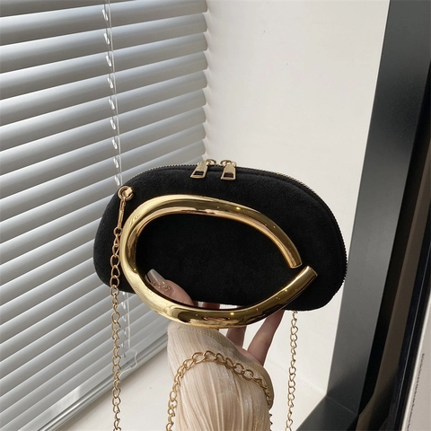 Vintage Suede Evening Bag With Large Gold Metal Ring Handle Elegant Chain Crossbody Bag For Women Wedding Party Clutch