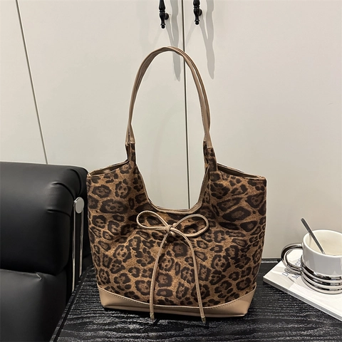 Leopard Print Tote Bag Large Capacity Canvas PU Leather Splicing Bow Decor Shoulder Handbag Casual Commuting Bag For Women