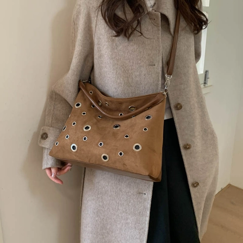 Vintage Wildlederimitat Große Kapazität Schultertasche Für Damen Metallösen Dekor Tote Bag Casual Herbst Winter Umhängetasche