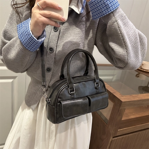 Bolso Boston de Cuero PU Vintage para Mujer Color Sólido Bolso de Hombro Con Doble Bolsillo Delantero Bolso Bandolera Retro