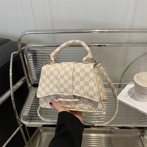 Women Vintage Print Shoulder Bag PU Leather Retro Handbag Crossbody Square Bag With Handle Gold Hardware