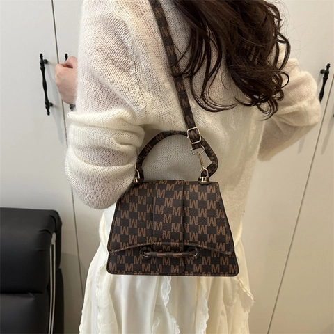 Women Vintage Print Shoulder Bag PU Leather Retro Handbag Crossbody Square Bag With Handle Gold Hardware