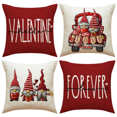 Federa in Lino per San Valentino Rosso Bianco Gnomi Nordici Camion di Cuori Love Forever Lettere Fodera per Cuscino Divano