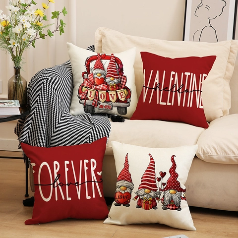 Federa in Lino per San Valentino Rosso Bianco Gnomi Nordici Camion di Cuori Love Forever Lettere Fodera per Cuscino Divano