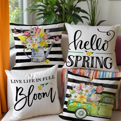Frühling Deko Leinen Kissenbezug Nordisch Gestreift Blumen LKW Floral Muster Kissenhülle Für Wohnzimmer Sofa Deko