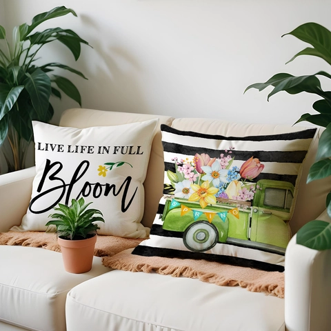 Frühling Deko Leinen Kissenbezug Nordisch Gestreift Blumen LKW Floral Muster Kissenhülle Für Wohnzimmer Sofa Deko