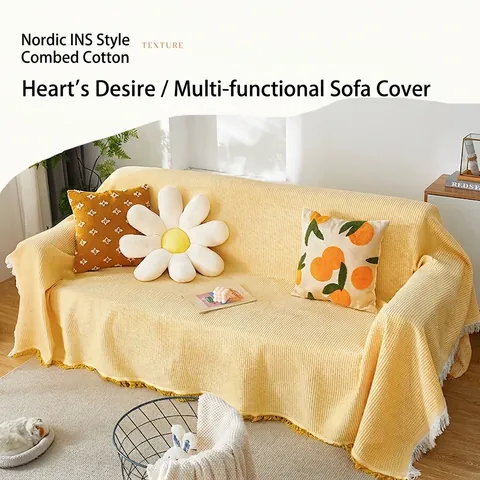 Funda de Sofá Minimalista Nórdica Tejido de Gofre Con Borlas Algodón Peinado Color Sólido Manta de Sofá Decoración Hogar