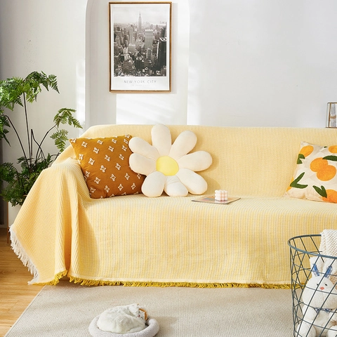 Funda de Sofá Minimalista Nórdica Tejido de Gofre Con Borlas Algodón Peinado Color Sólido Manta de Sofá Decoración Hogar