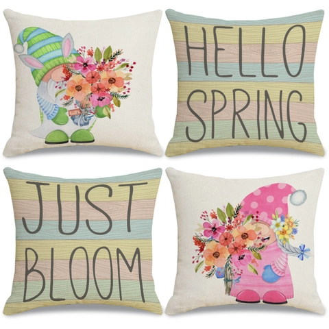 Funda De Almohada Gnomo De Primavera Funda De Cojín Algodón Lino Decorativa Para Sofá Cama Hogar