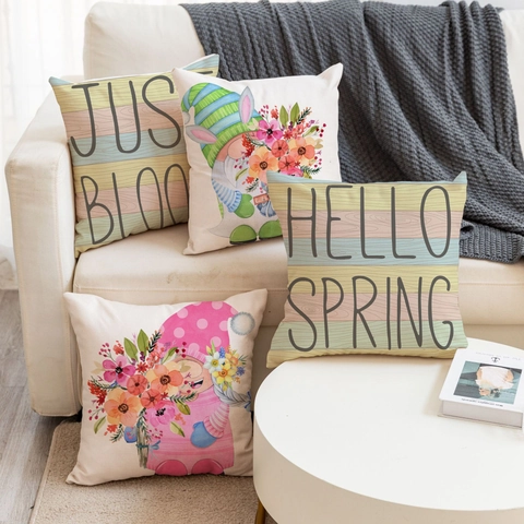 Funda De Almohada Gnomo De Primavera Funda De Cojín Algodón Lino Decorativa Para Sofá Cama Hogar