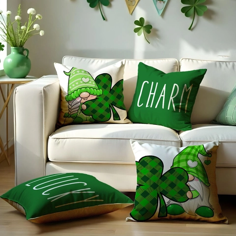 St Patrick's Day Pillow Covers Linen Shamrock Gnome Lucky Charm Cushion Case For Sofa Home Decor Irish Festival Party Decorative Throw Pillowcase