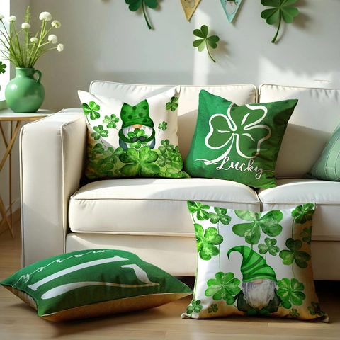Fodera per Cuscino San Patrizio Lino Trifoglio Gnomo Lucky Modello Decorativo Copricuscino per Divano Casa Soggiorno Arredamento