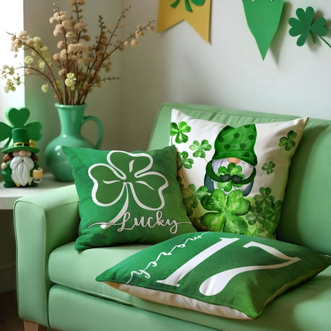 Fodera per Cuscino San Patrizio Lino Trifoglio Gnomo Lucky Modello Decorativo Copricuscino per Divano Casa Soggiorno Arredamento
