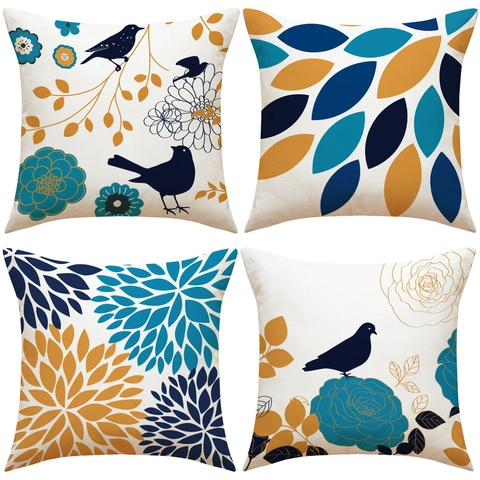 Housse De Coussin En Lin Imprimé Oiseaux Fleurs Géométriques Taie D'oreiller Respirante Durable Pour Canapé Salon