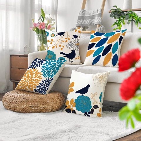 Housse De Coussin En Lin Imprimé Oiseaux Fleurs Géométriques Taie D'oreiller Respirante Durable Pour Canapé Salon
