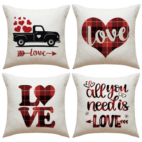 Housses De Coussin Saint-Valentin Lin Cœur Carreaux Buffalo Camion Vintage Amour Canapé Décor