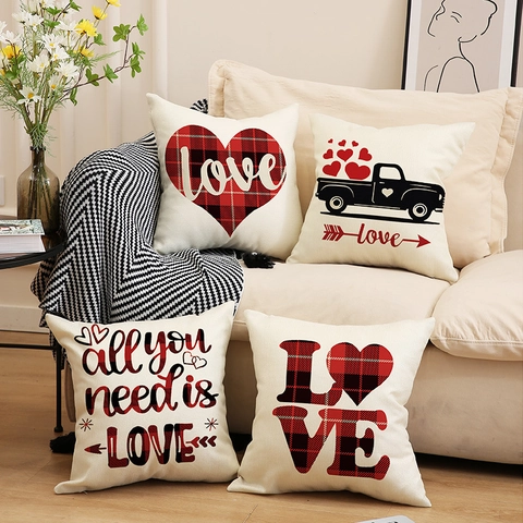 Housses De Coussin Saint-Valentin Lin Cœur Carreaux Buffalo Camion Vintage Amour Canapé Décor