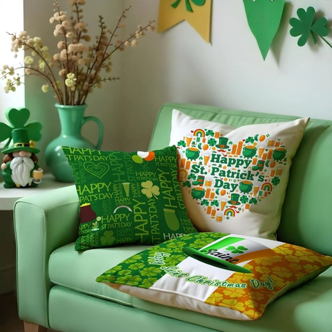 St Patrick's Day Linen Pillow Covers Shamrock Clover Print Decorative Cushion Cases For Sofa Couch Home Decor Green White Clover Pattern