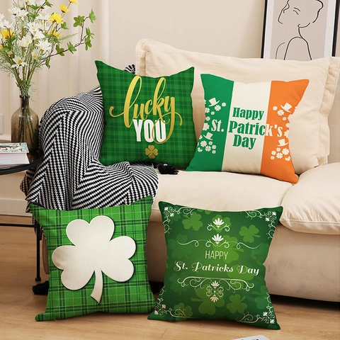 St. Patrick's Day Decorative Linen Pillow Cover Shamrock Green Plaid Lucky You Irish Flag Cushion Case For Sofa Home Decor