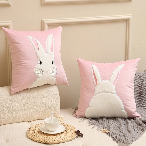 Housse De Coussin Lapin En Velours Broderie Mignon Canapé Taie D'oreiller Décoration Maison Luxe
