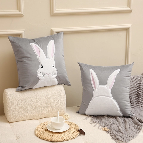 Housse De Coussin Lapin En Velours Broderie Mignon Canapé Taie D'oreiller Décoration Maison Luxe
