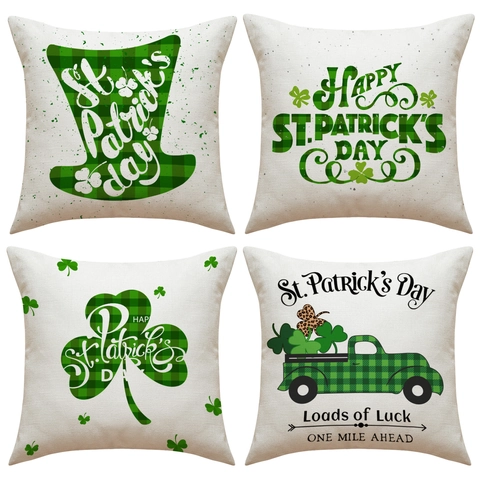 Fundas De Cojín St Patricks Day Lino Trébol Verde Plaid Camión Sombrero Decorativo Cuadrado Funda De Almohada Sofá