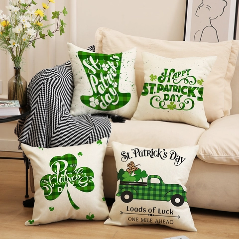 Fundas De Cojín St Patricks Day Lino Trébol Verde Plaid Camión Sombrero Decorativo Cuadrado Funda De Almohada Sofá