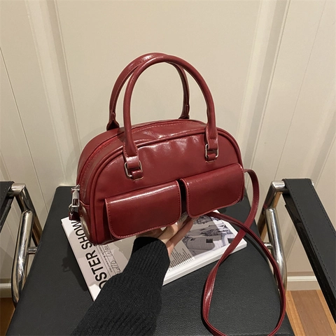 Bolso Boston de Cuero PU Vintage para Mujer Color Sólido Bolso de Hombro Con Doble Bolsillo Delantero Bolso Bandolera Retro