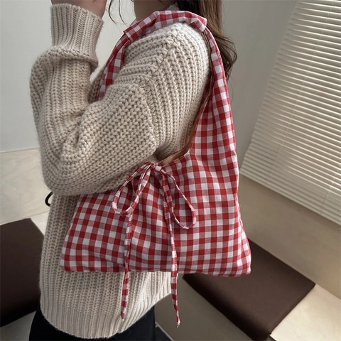 Sac Fourre-tout à Carreaux Vichy pour Femmes Avec Nœud Papillon Coton Décontracté Sac à Épaule Style Coréen