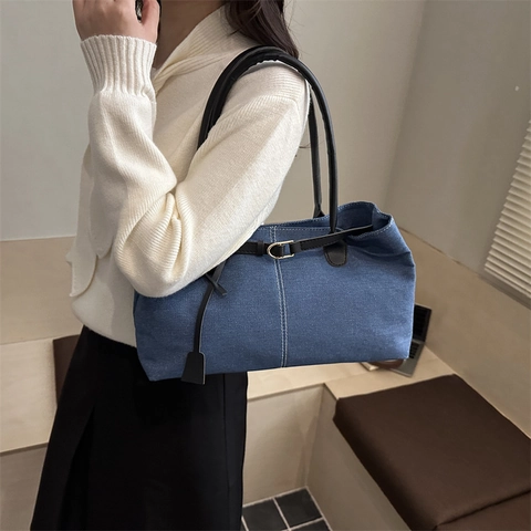 Denim Tote Bag Large Capacity Shoulder Underarm Handbag With PU Leather Straps Casual Simple Style For Women