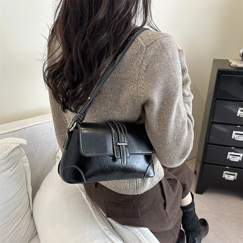 Retro Französischer Stil Umhängetasche PU Leder Kontrastnähte Klappenverschluss Achseltasche Für Frauen Pendeln Elegant