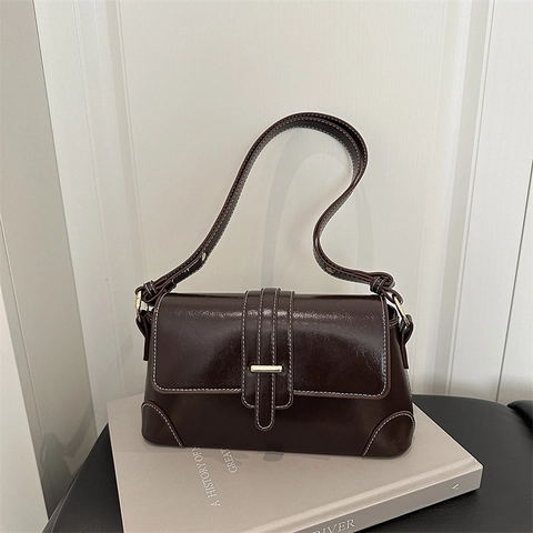 Borsa Baguette Sottobraccio Retrò In Pelle PU Da Donna Con Cuciture A Contrasto Patta Spalla Singola Borsa A Tracolla