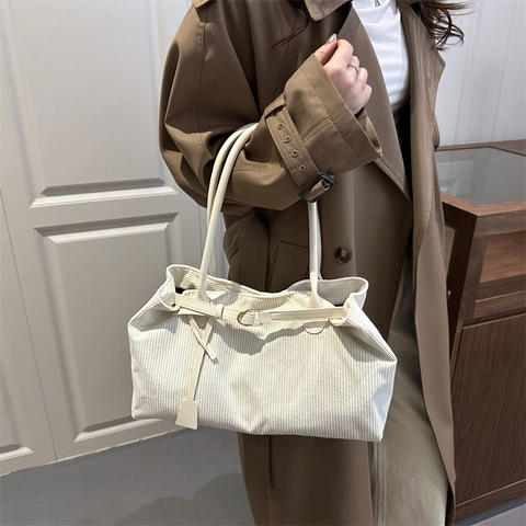 Damen Cord-Tragetasche Große Kapazität Schultertasche Mit PU-Lederriemen Retro Lässige Unterarm-Handtasche Zum Pendeln