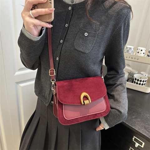 Vintage Patchwork Small Square Bag With Golden Horseshoe Buckle Retro PU Suede Crossbody Bag Versatile Women Shoulder Bag