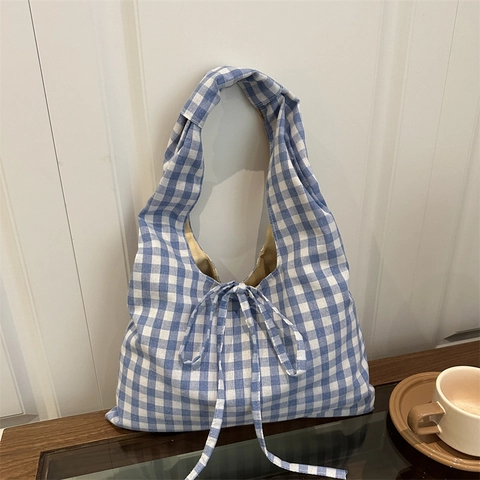 Borsa a Tracolla da Donna a Quadretti Gingham Retrò Grande Capacità Leggera Borsa per la Spesa con Decorazione a Fiocco Borsetta in Tessuto Casual