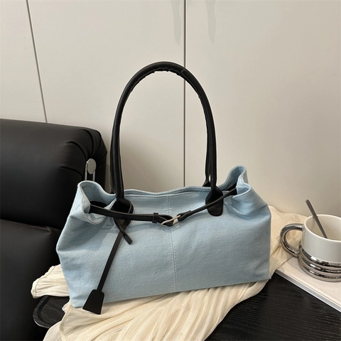 Denim Tote Bag Large Capacity Shoulder Underarm Handbag With PU Leather Straps Casual Simple Style For Women