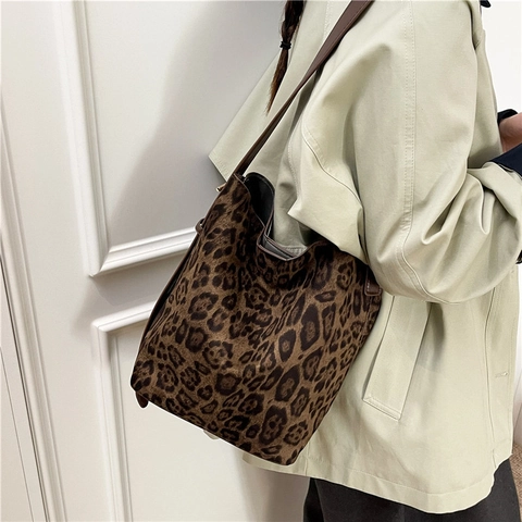 Borsa A Secchiello Con Stampa Leopardata Scamosciata Donna Grande Capacità Retro Borsa A Spalla Con Tracolla In Pelle PU