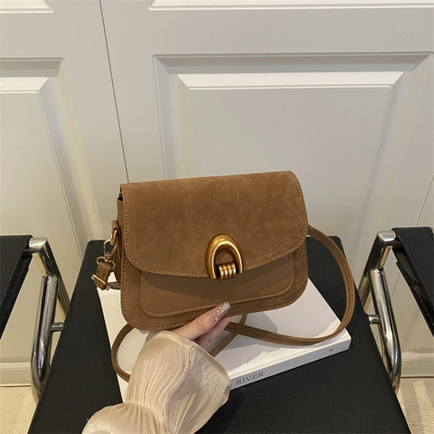Vintage Patchwork Small Square Bag With Golden Horseshoe Buckle Retro PU Suede Crossbody Bag Versatile Women Shoulder Bag