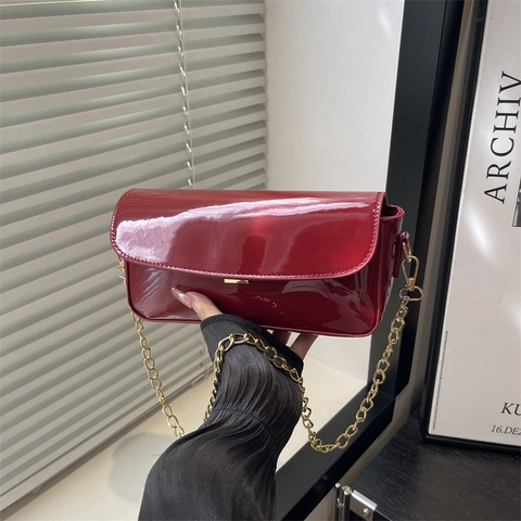 Patent PU Leather Baguette Bag Women Glossy Underarm Crossbody Purse With Gold Chain Strap Rectangular Solid Color Flap