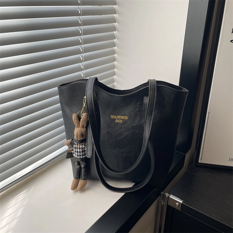 Borsa Tote in Pelle PU Vintage di Grande Capacità per Donna Modello Litchi Borsa a Tracolla Pendolare Pendente a Coniglio Opzionale