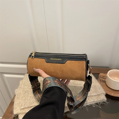 Retro Cylinder Crossbody Bag Suede Leather Matte Texture Shoulder Handbag With Wide Ethnic Bohemian Printed Strap For Women